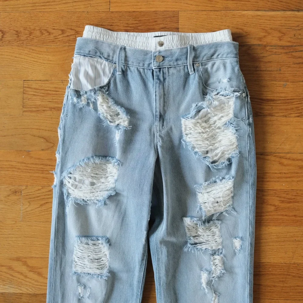 RtA Kallan Straight Leg‎ Jeans Womens Light Blue Distressed Silk Boxer Waist 28